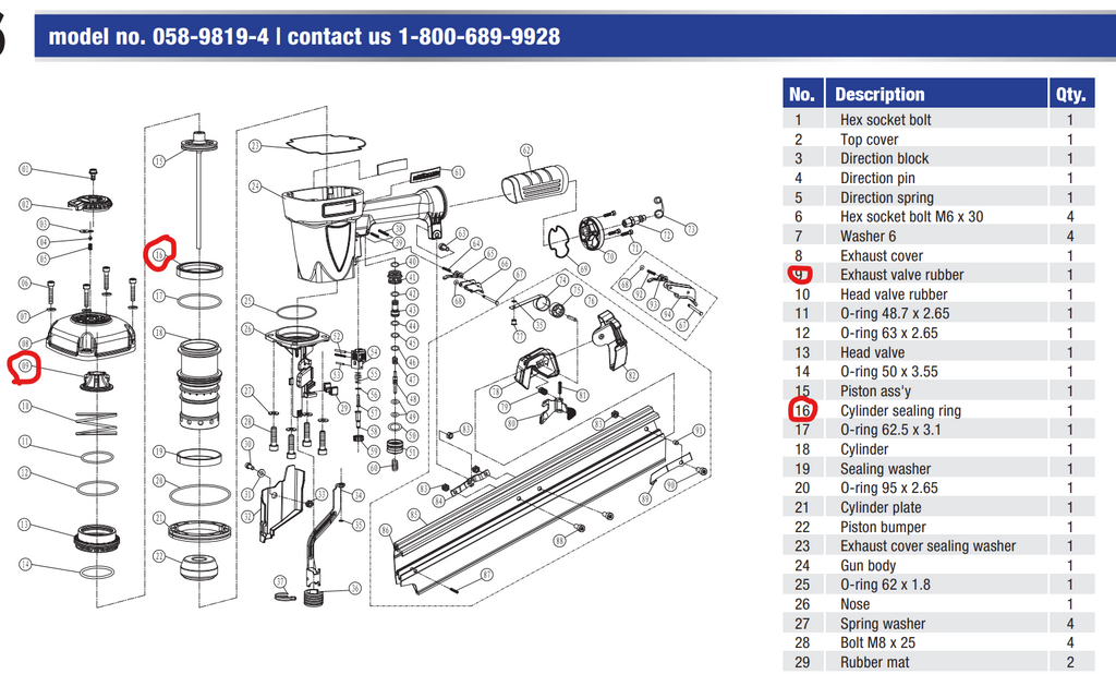 Repair seal kit for mastercraft air nailer # 58-8434-4 and #058-9819-4