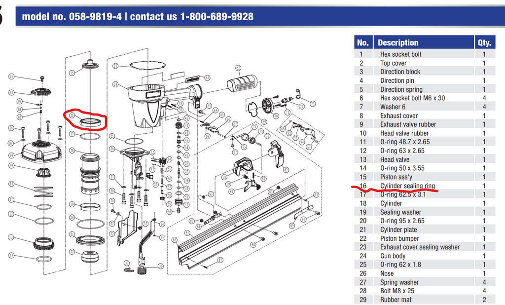 Cylinder Sealing Ring Mastercraft  air nailer 58-8434-4/ 058-9819-4